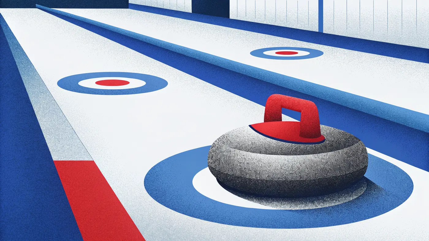 Punakahvainen curlingkivi liukuu peblatulla jäällä kohti pesää