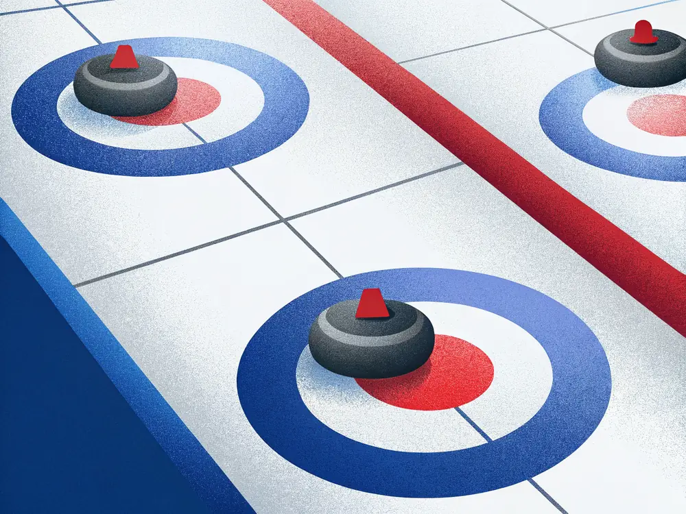Curlingrata ylhäältä, kummassakin päässä pesä ja sen edessä hog line